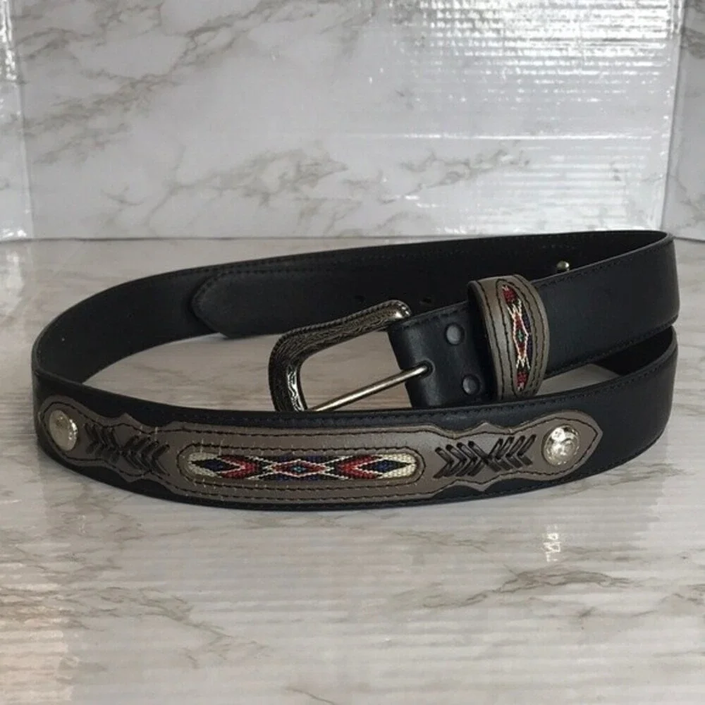 Western Southwestern Inlay Leather‎ Belt Black Size 44